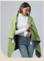 USB heated shawl button control and external power bank connection