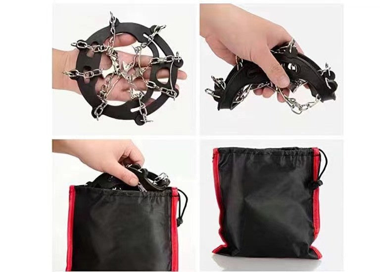 Chain ice grips folded and stored in a drawstring bag - accessory inclusion depends on style