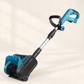 Teal and black cordless electric snow sweeper with long silver shaft and adjustable auxiliary grip