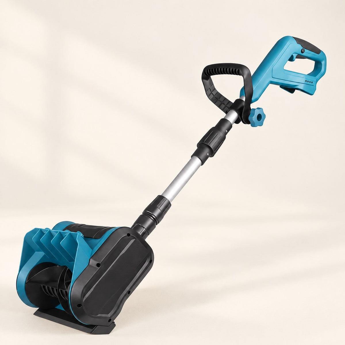 Teal and black cordless electric snow sweeper with long silver shaft and adjustable auxiliary grip