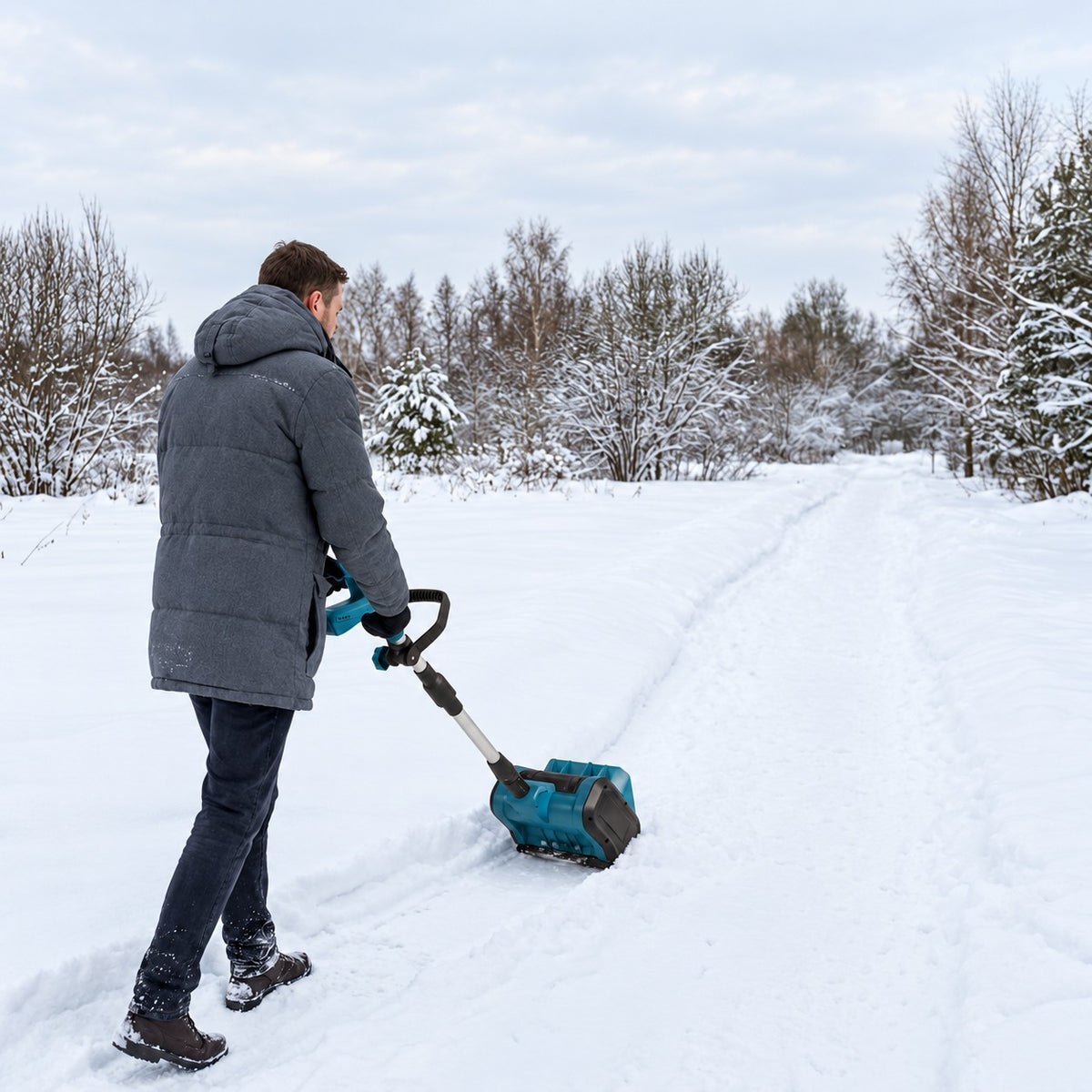 A man guiding a teal cordless snow sweeper along a snow-covered outdoor path