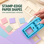 Stamp-edge square paper craft punch shown with cut paper shapes; other styles differ
