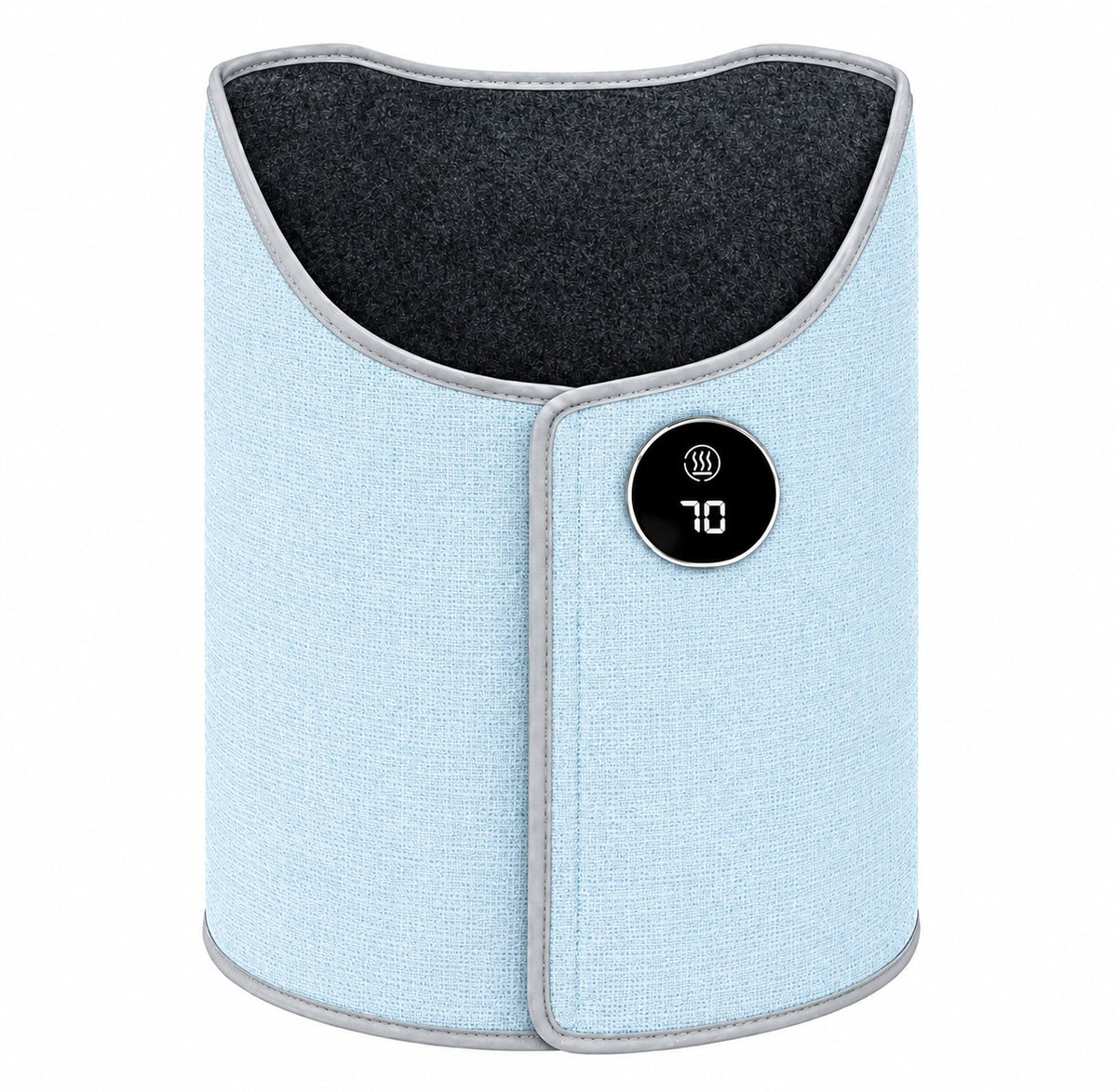 Blue electric foot and leg warmer with curved fabric panel and front digital control