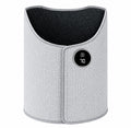 Gray electric foot and leg warmer with curved fabric panel and front digital control