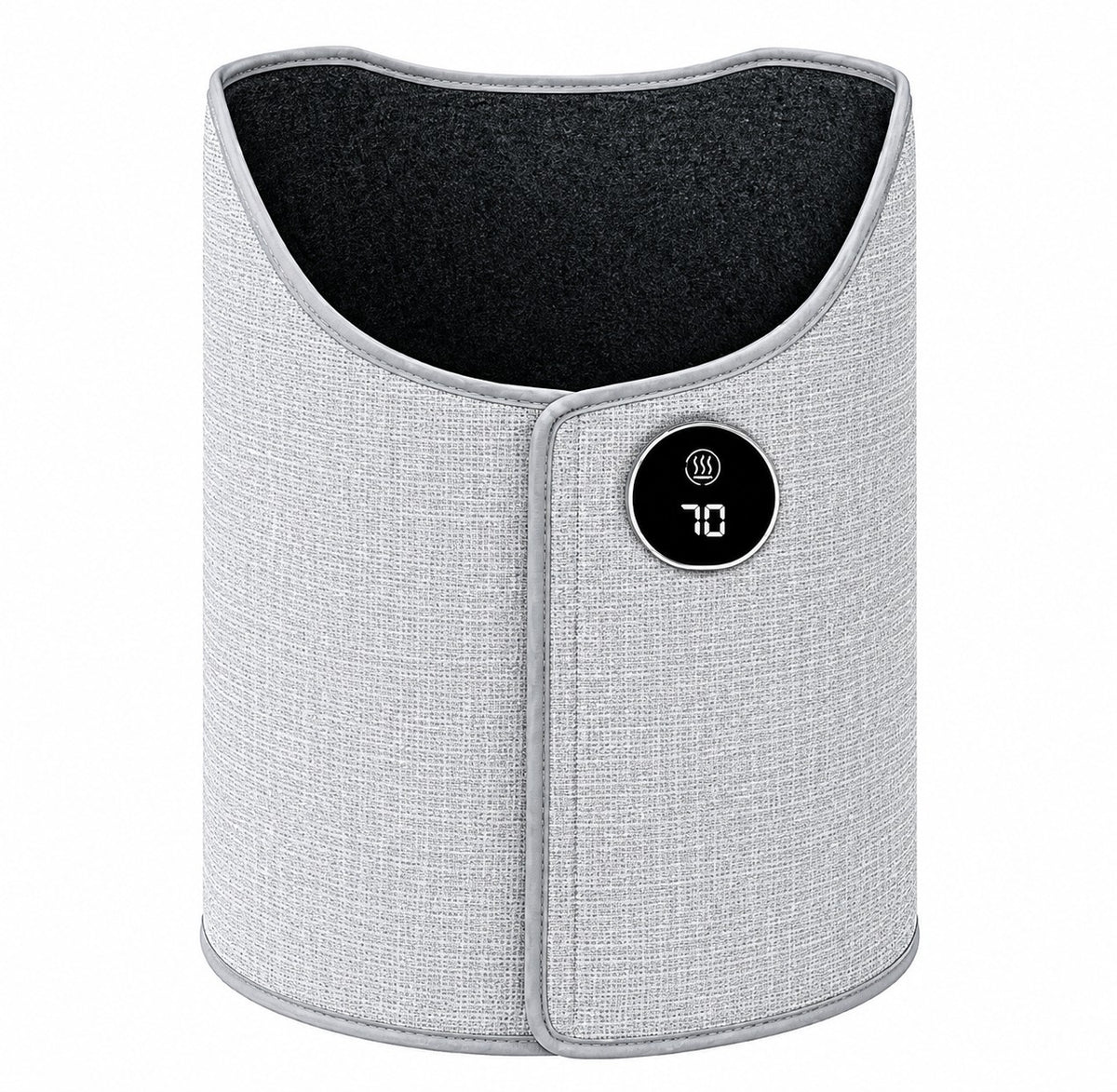 Gray electric foot and leg warmer with curved fabric panel and front digital control