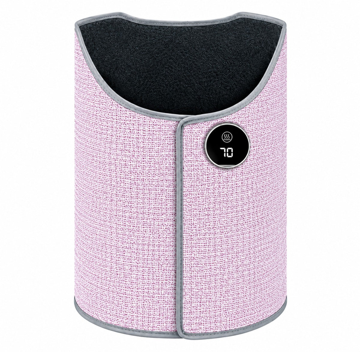 Pink electric foot and leg warmer with curved fabric panel and front digital control