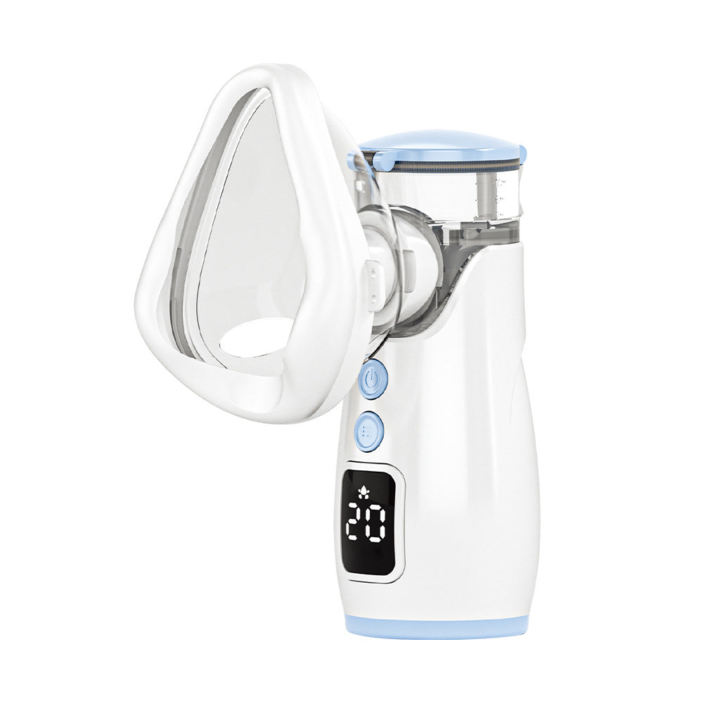 White and light blue handheld mesh nebulizer with clear mask and digital display