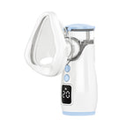 White and light blue handheld mesh nebulizer with clear mask and digital display