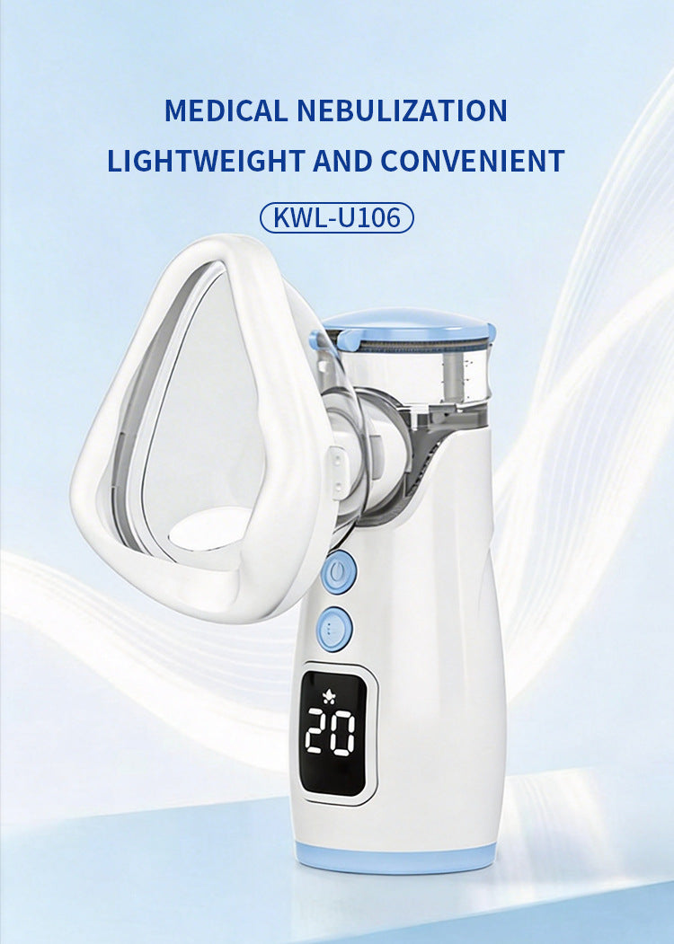 KWL-U106 handheld nebulizer with mask, display and light blue accents