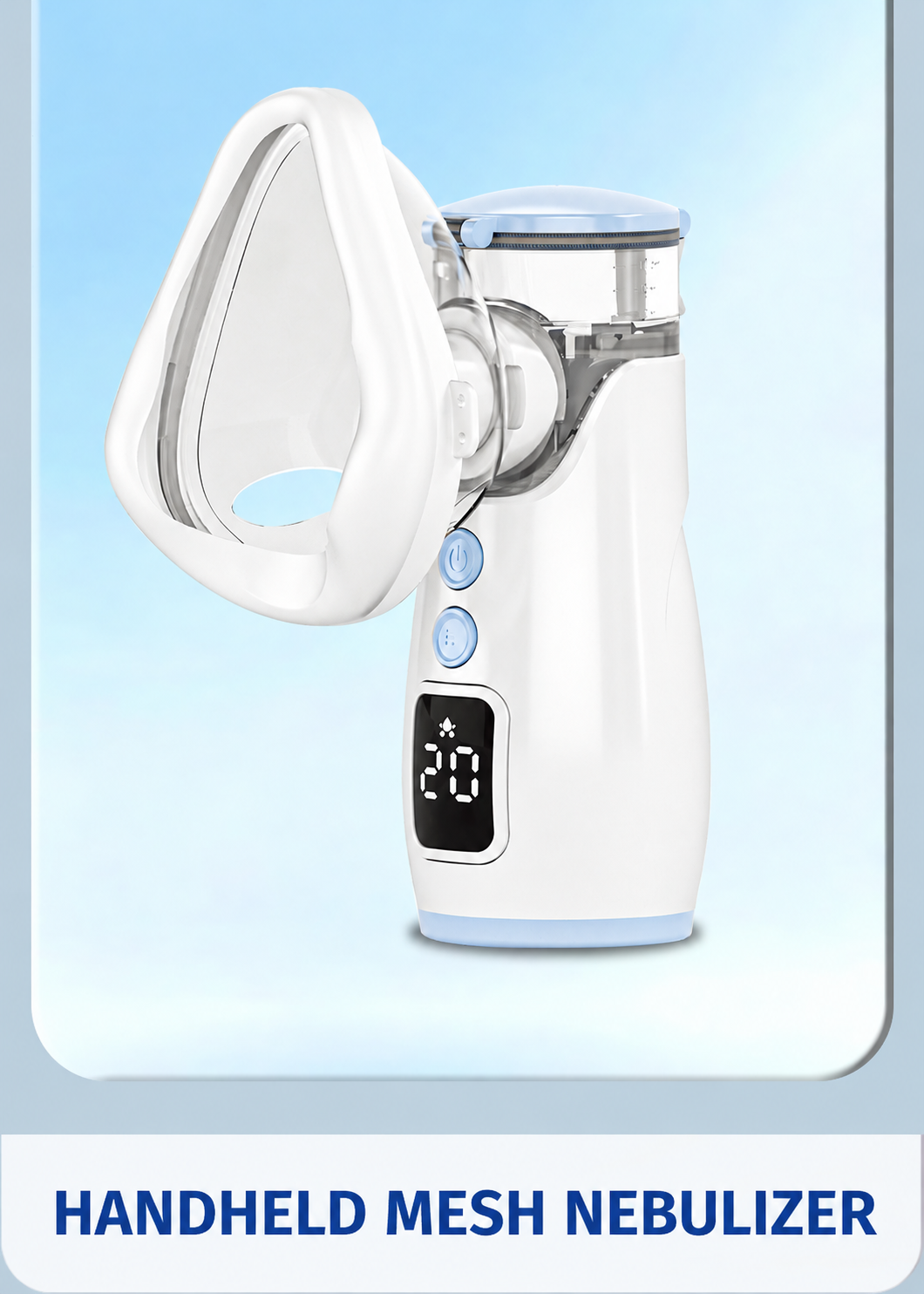 Handheld mesh nebulizer with transparent reservoir, mask and digital display