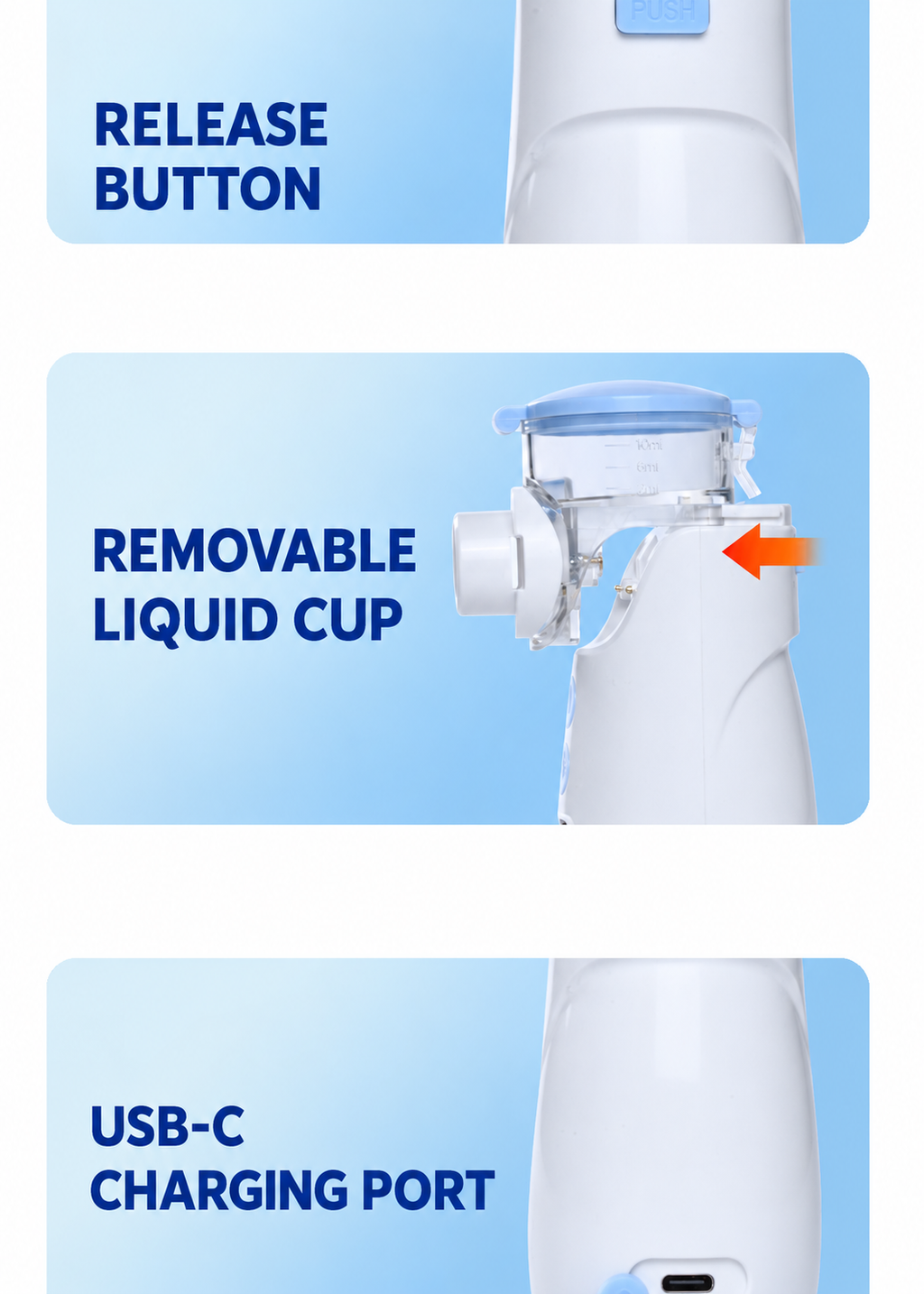 Nebulizer release button, removable liquid cup and USB-C charging port