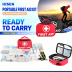 Risen portable first aid kit and carry case overview with English text