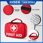 Oxford fabric, zip closure, mesh pockets and carry handle on the Risen first aid case