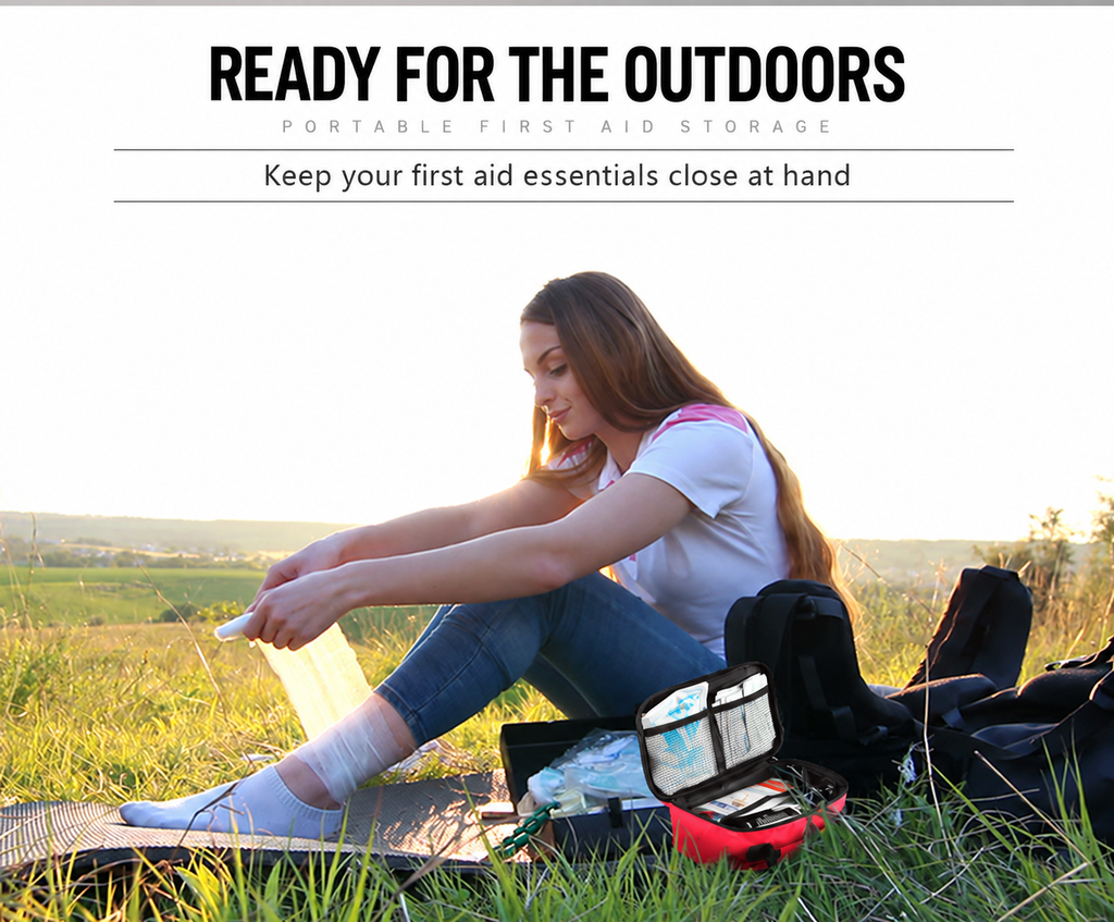 Portable first aid storage during an outdoor walk with English text