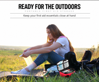 Portable first aid storage during an outdoor walk with English text