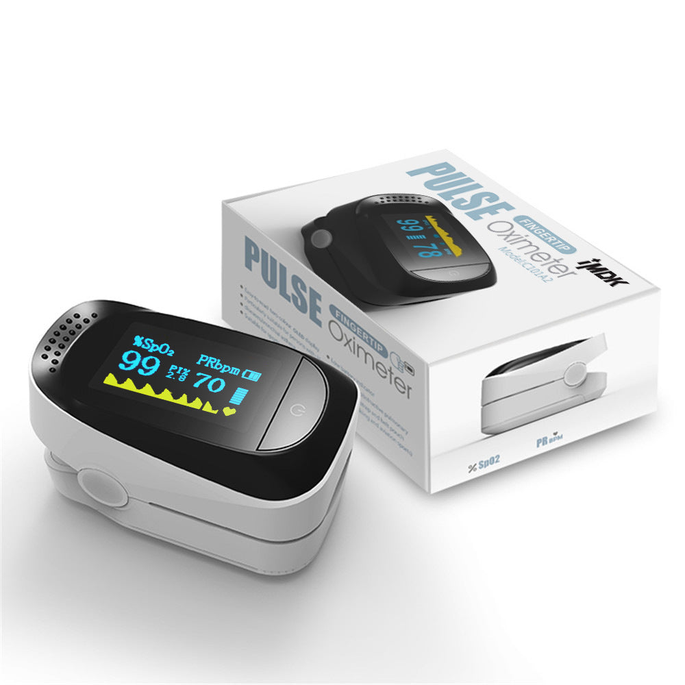 IMDK white fingertip pulse oximeter with English packaging