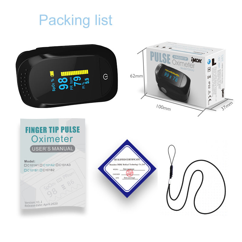 IMDK black fingertip pulse oximeter, English manual and lanyard