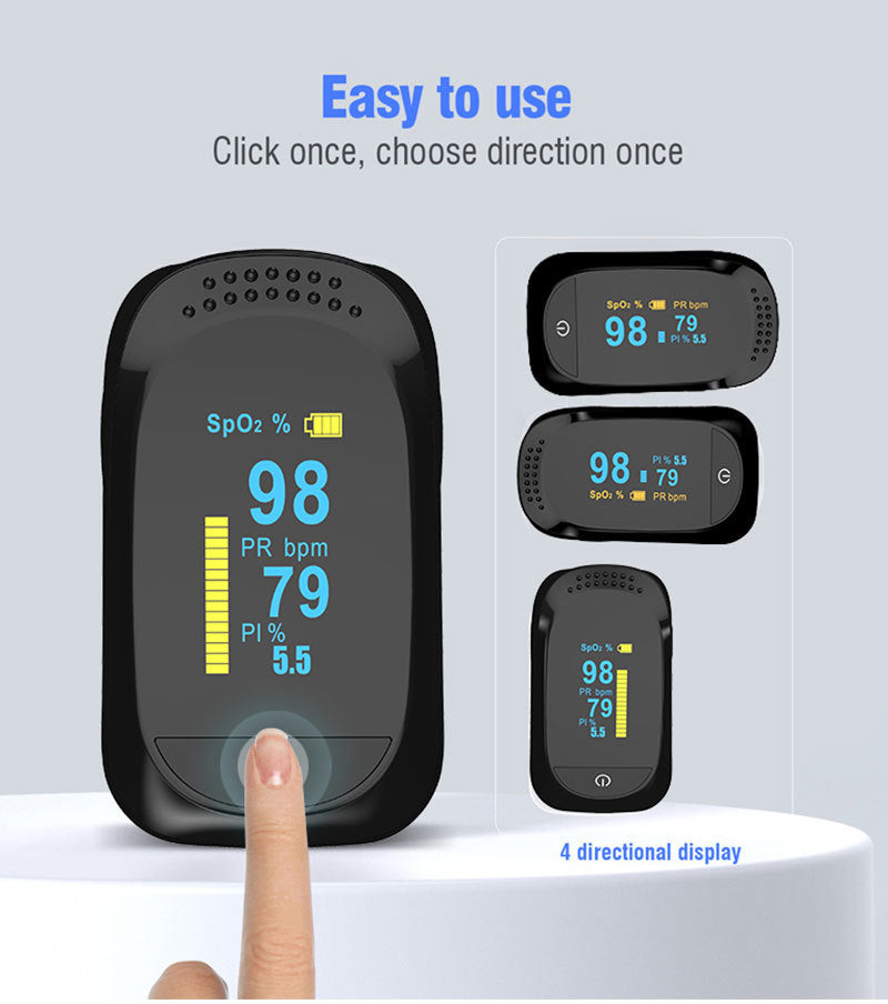 Black fingertip pulse oximeter OLED screen with four display orientations