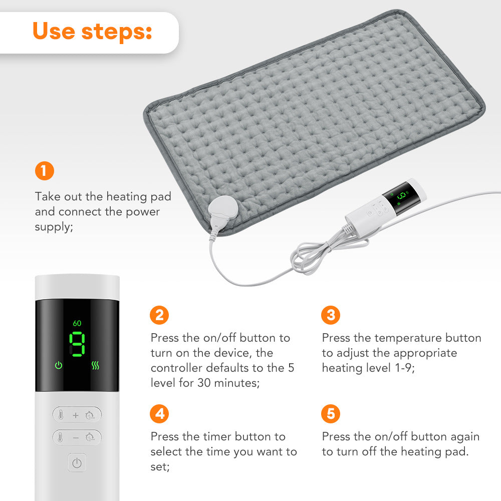 Model 406 heating pad controls and illustrated operating steps