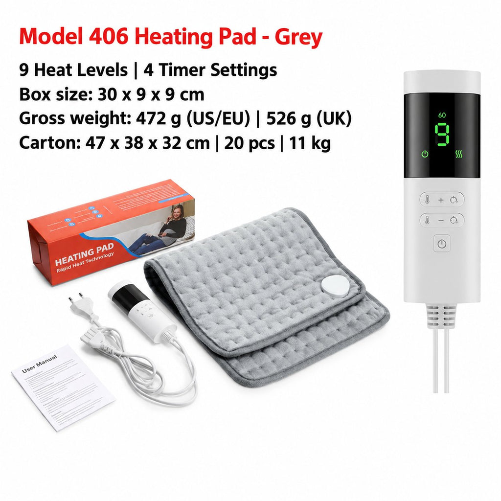 Model 406 grey heating pad, controller and packaging