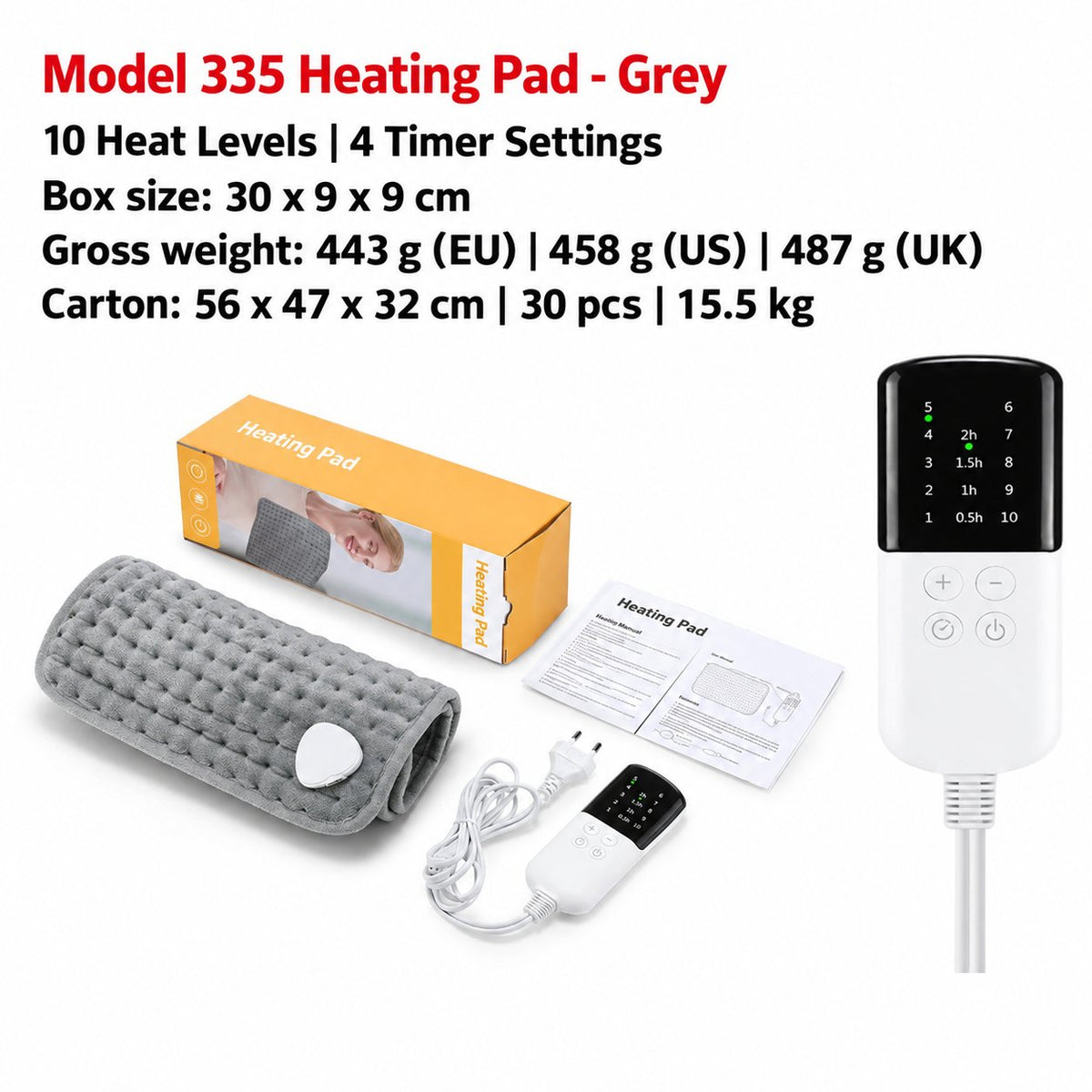 Model 335 grey heating pad, controller and packaging