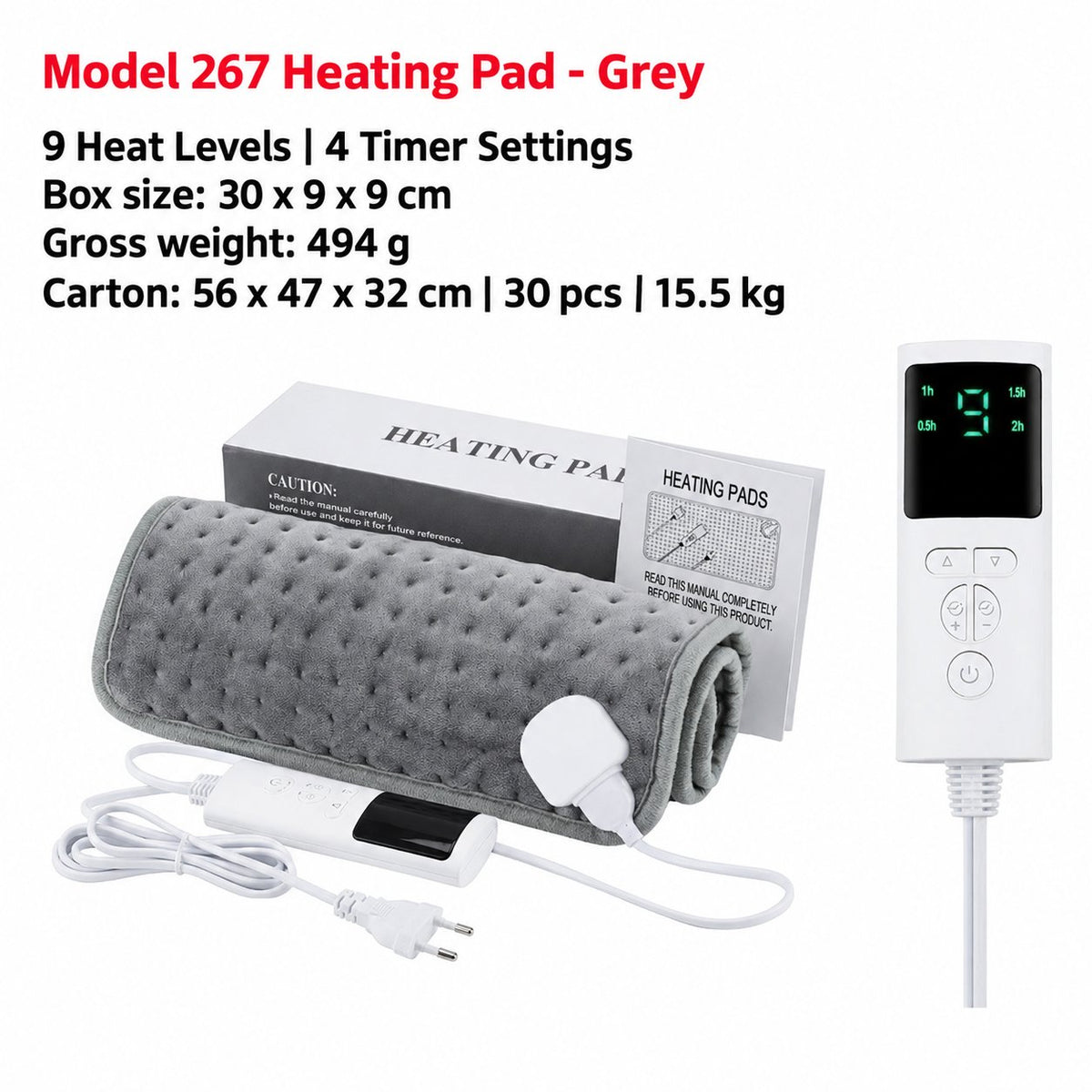 Model 267 grey heating pad, controller and packaging