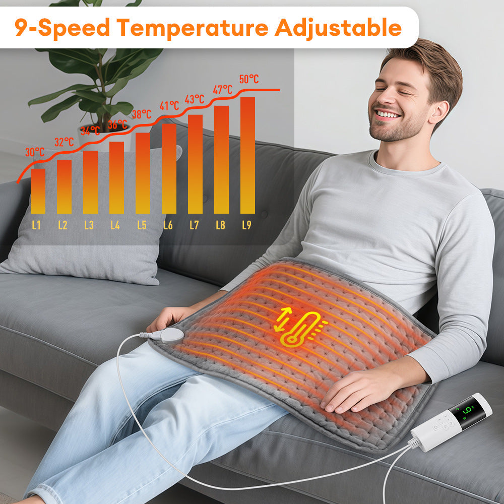 Model 406 grey heating pad shown on the lap with nine heat settings
