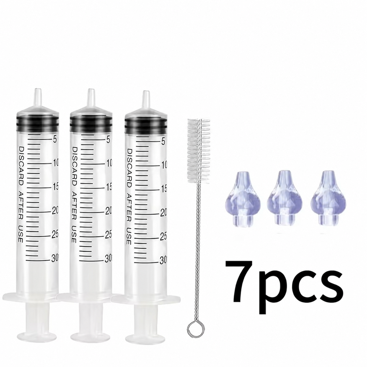 7-piece kit showing three 30 ml syringes, three tips and one brush