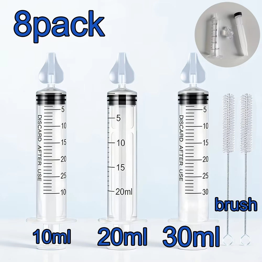 8-piece kit showing 10 ml, 20 ml and 30 ml syringes with tips and two brushes