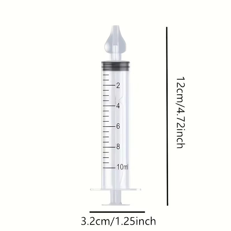 10 ml manual syringe dimensions shown as 12 cm long and 3.2 cm across the finger flange
