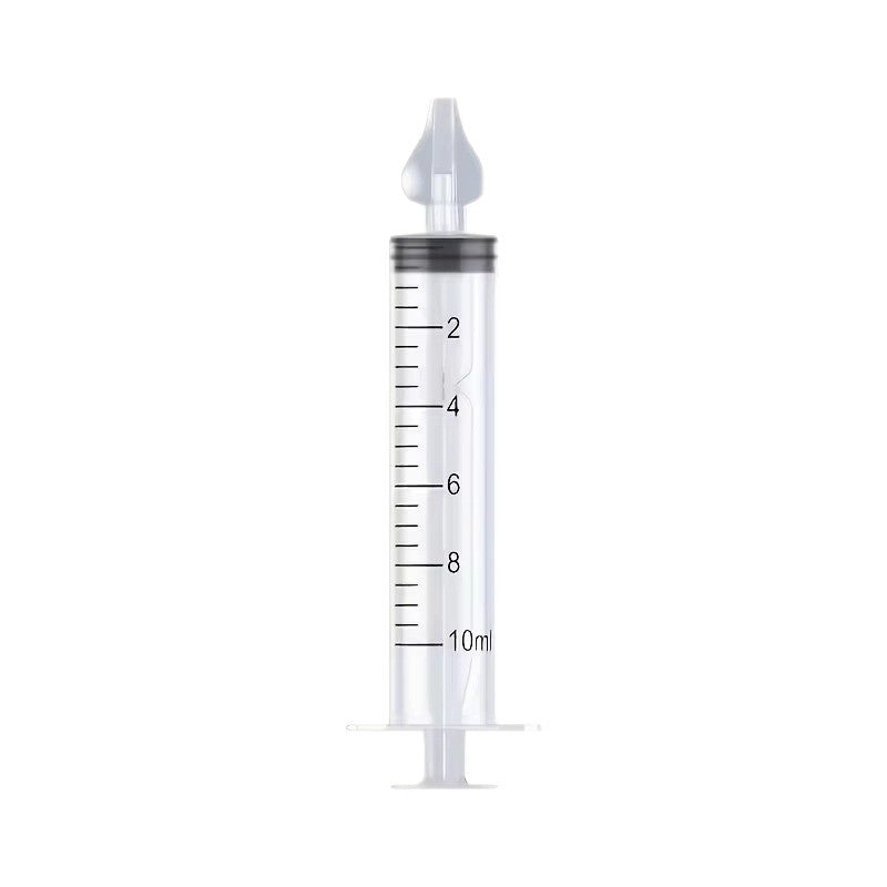 Clear 10 ml manual syringe with fitted translucent soft tip on a white background