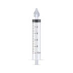Clear 10 ml manual syringe with fitted translucent soft tip on a white background