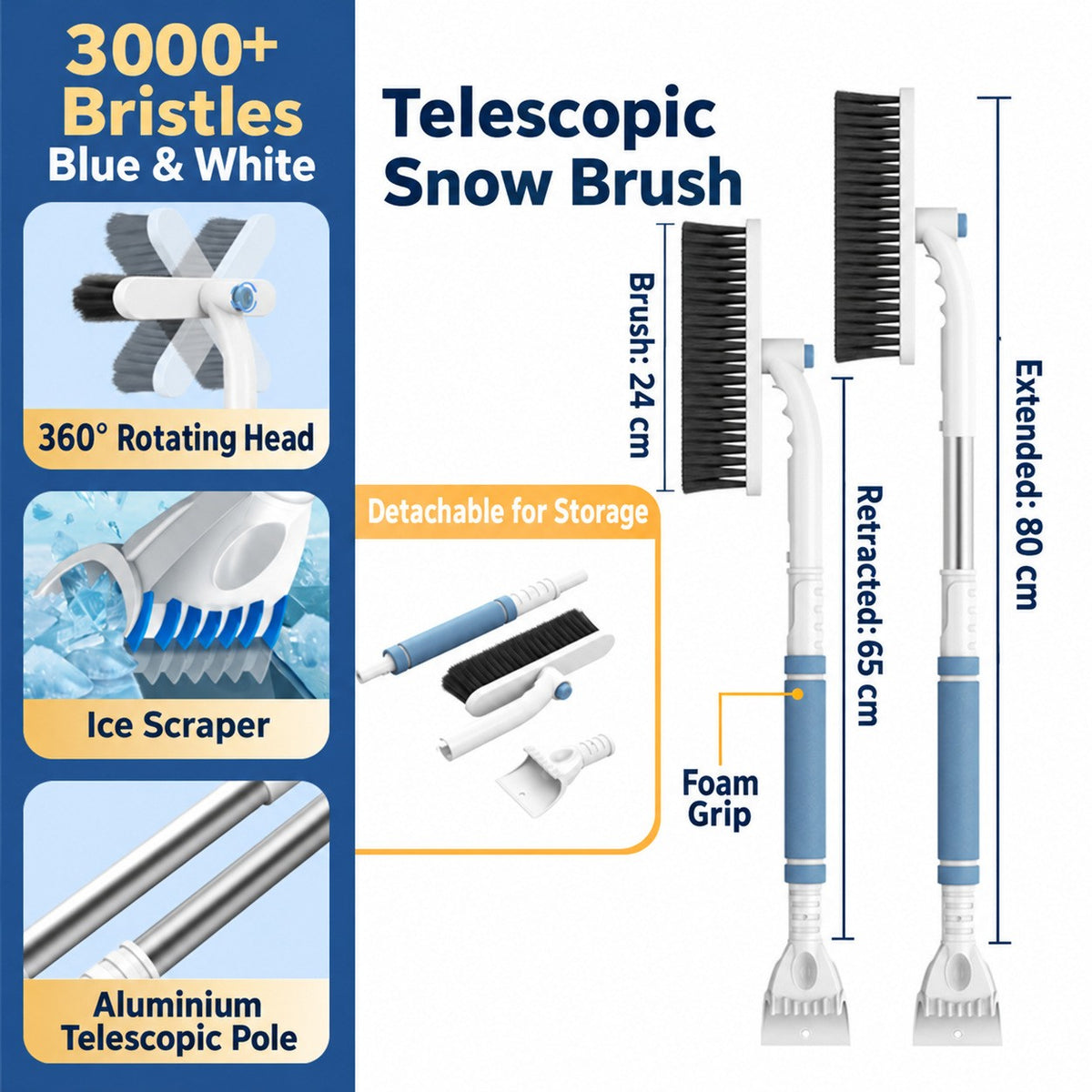 DR104 Telescopic 3-in-1 - Blue and White car snow-clearing tool