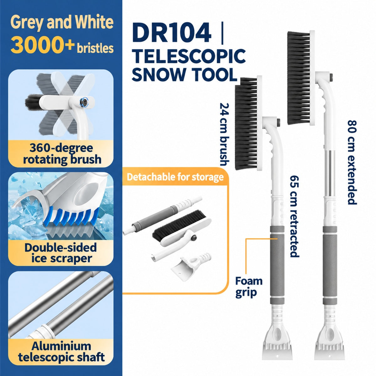 DR104 Telescopic 3-in-1 - Grey and White car snow-clearing tool