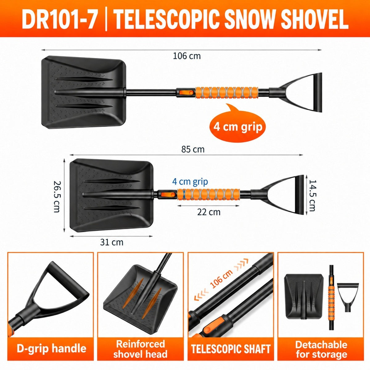 DR101-7 telescopic snow shovel in orange