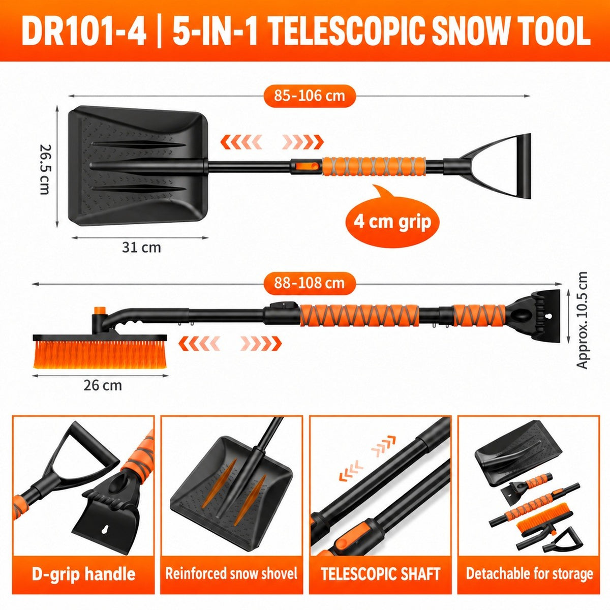 DR101-4 Telescopic 5-in-1 - Orange car snow-clearing tool