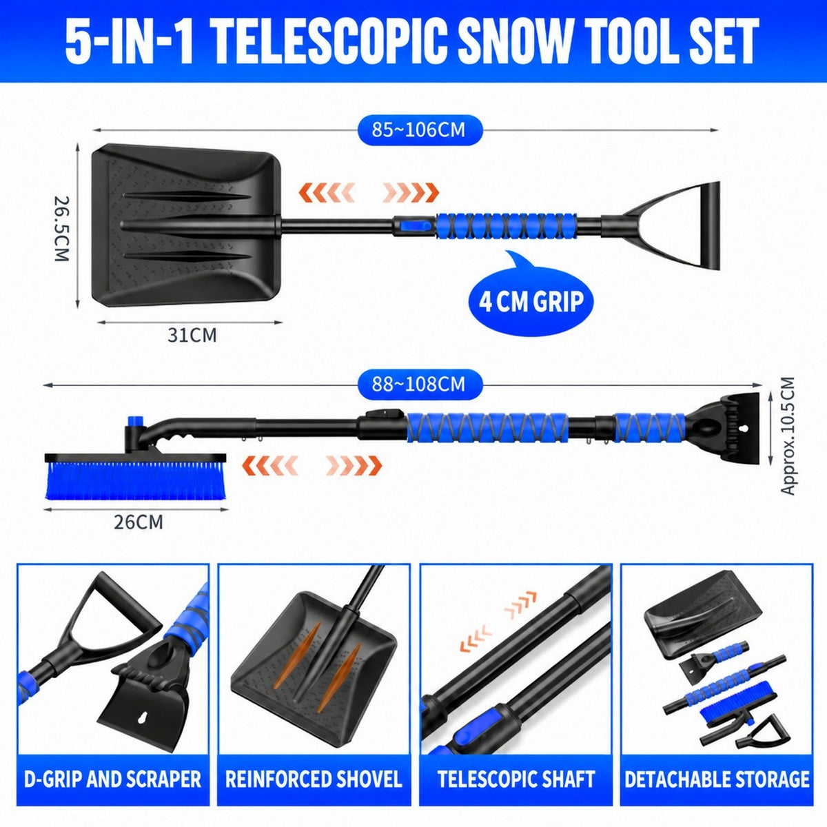 DR101-5 Telescopic 5-in-1 - Blue car snow-clearing tool