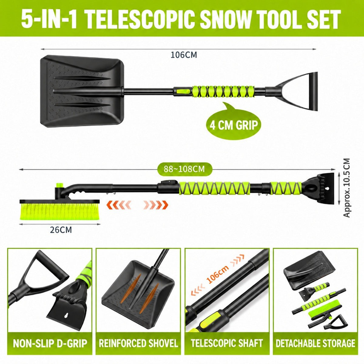 DR101-6 Telescopic 5-in-1 - Green car snow-clearing tool