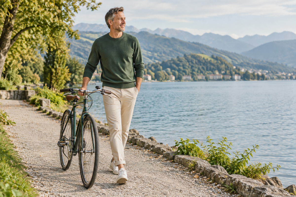 A middle-aged man walking a bicycle beside a calm lake
