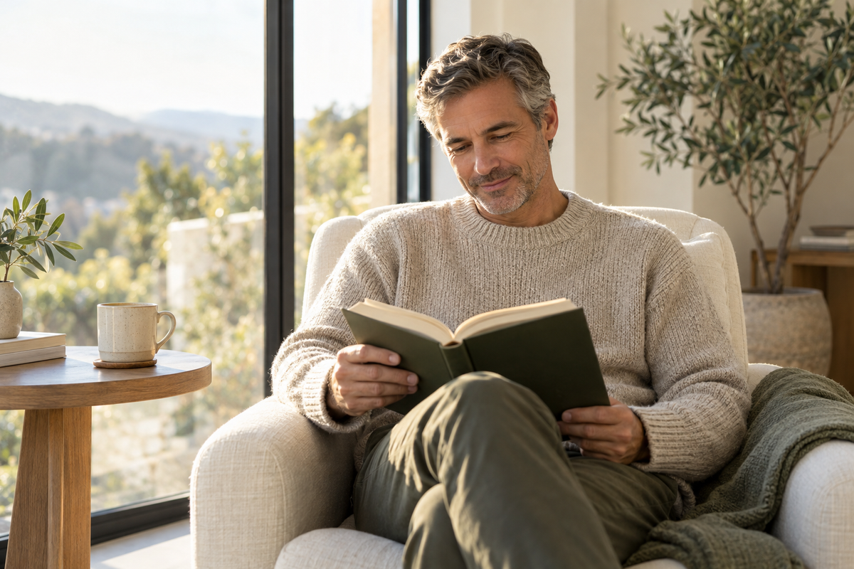 A middle-aged man taking a quiet reading break beside a window