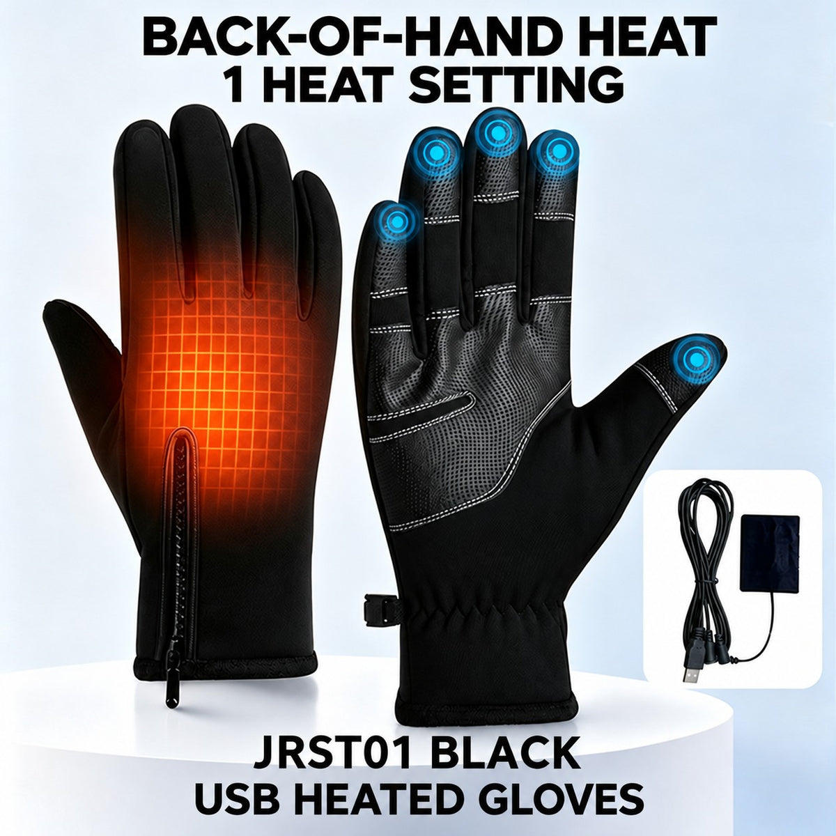 JRST01 Black - Back-of-Hand Heat - 1 Setting USB heated gloves