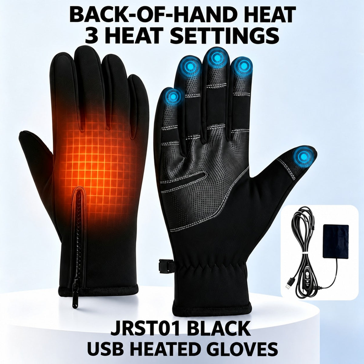 JRST01 Black - Back-of-Hand Heat - 3 Settings USB heated gloves