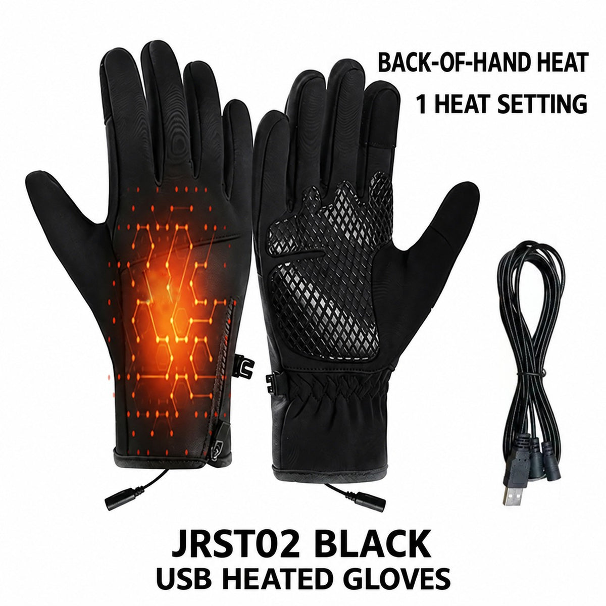 JRST02 Black - Back-of-Hand Heat - 1 Setting USB heated gloves