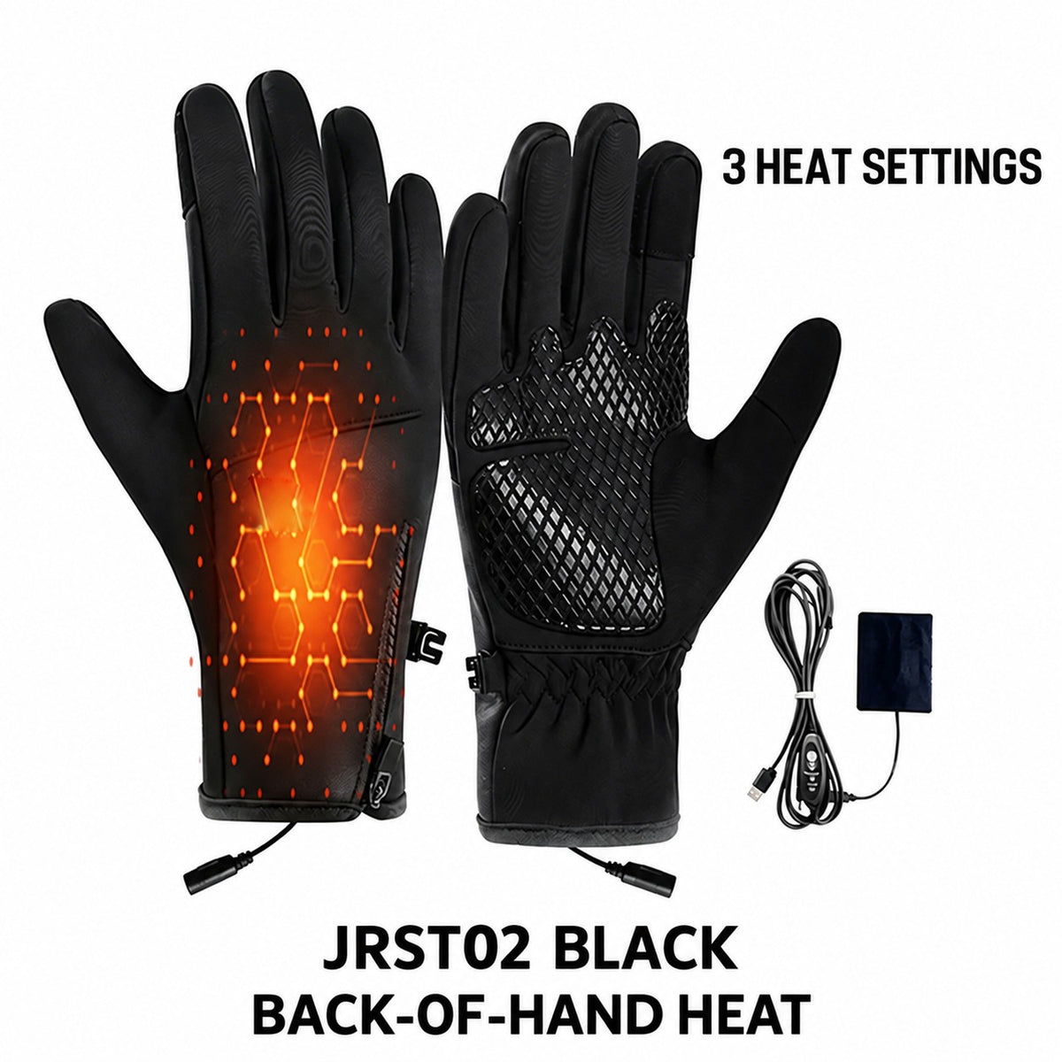 JRST02 Black - Back-of-Hand Heat - 3 Settings USB heated gloves