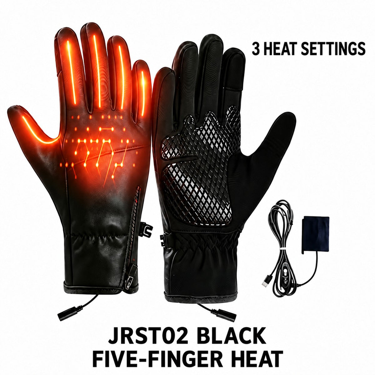 JRST02 Black - Five-Finger Heat - 3 Settings USB heated gloves