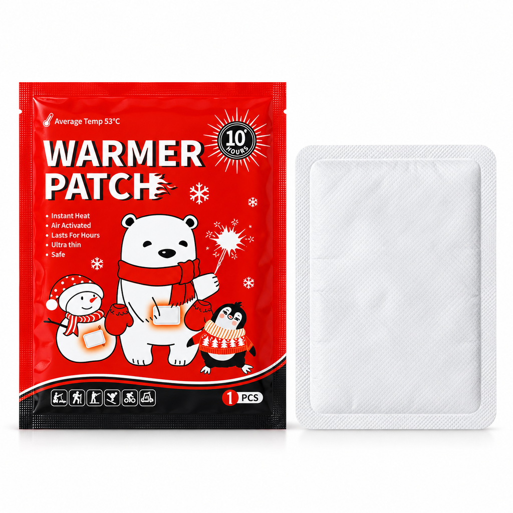 Air-activated warmer patch and red single-pack retail pouch on a white background