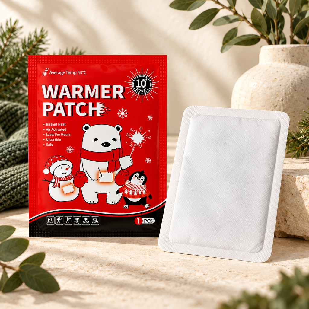 Red warmer-patch pouch and white rectangular patch on an ivory stone surface