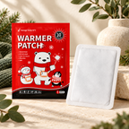 Red warmer-patch pouch and white rectangular patch on an ivory stone surface