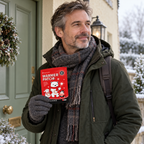 Middle-aged man in winter clothing holding the red single-pack warmer pouch outdoors