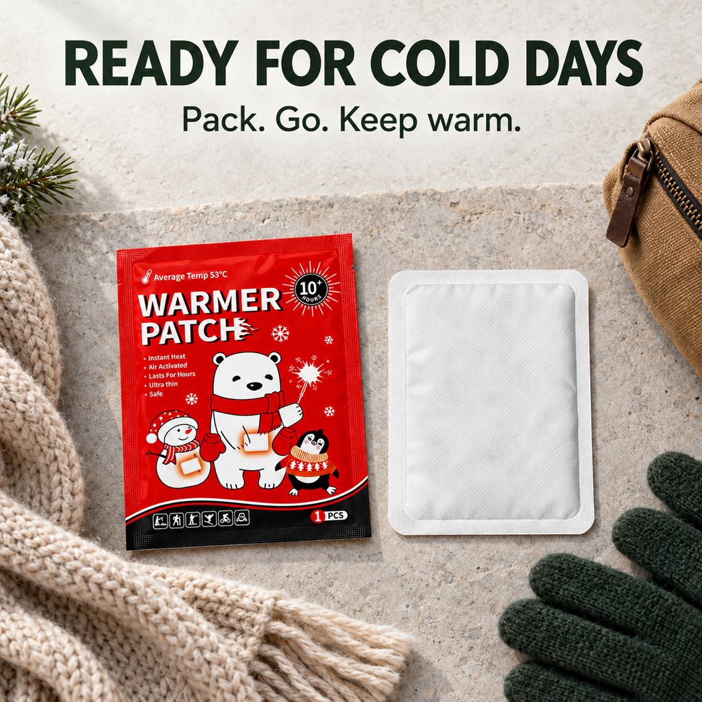 Single warmer patch and red retail pouch arranged with a scarf, gloves and travel bag